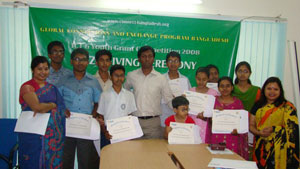 Photo of Youth Grant Competition winners receiving recognition in Dhaka awards ceremony