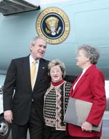 President George W. Bush presented the President’s Volunteer Service Award to Debbie Chadwick upon arrival at the airport in Chattanooga, Tennessee, on Wednesday, February 21, 2007.  Chadwick is a volunteer at the Life Care Center of Missionary Ridge, a nursing and rehabilitation facility.  To thank them for making a difference in the lives of others, President Bush honors a local volunteer, called a USA Freedom Corps Greeter, when he travels throughout the United States.  President Bush has met with more than 550 individuals around the country, like Chadwick, since March 2002.
