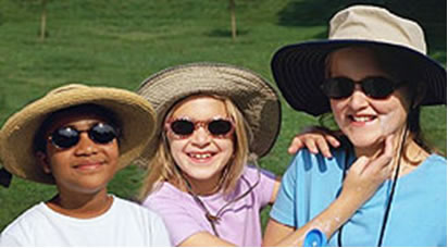 Girls wearing widebrim hats and sunglasses