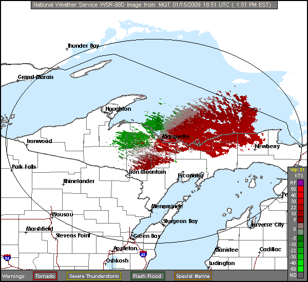 Click for latest Storm Relative Motion radar loop from the Marquette, MI radar and current weather warnings