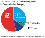 This pie chart, figure 3, shows the estimated new HIV infections in 2006 by transmission category. Men who had sex with men or MSM accounted for 53 percent, high-risk heterosexual accounted for 31 percent, injection drug user or IDU accounted for 12 percent and cases that were both MSM and IDU accounted for 4 percent of the estimated new HIV infections in 2006.