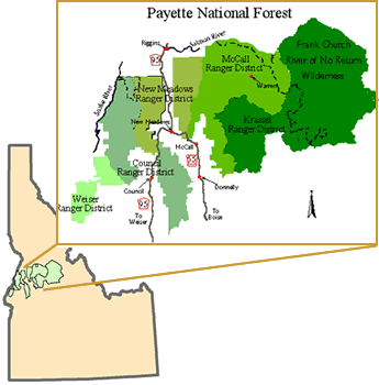 Graphic depicting the forest location within the state of Idaho.  Larger map shows division of forest by ranger district. 