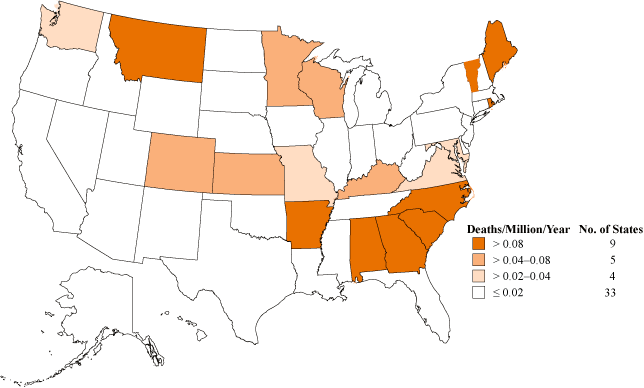 Byssinosis: Age-adjusted death rates by state, U.S. residents age 15 and over, 1995–2004