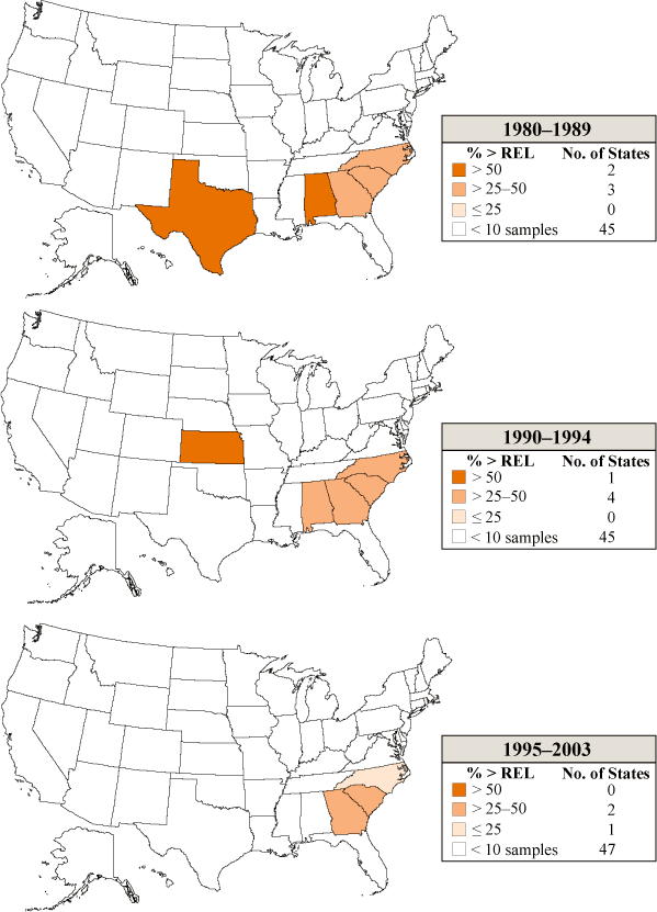 Cotton dust: Percent of exposures exceeding the NIOSH recommended exposure limit by state, OSHA samples, 1980–2003