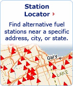 Station Locator: Find alternative fuel stations near a specific address, city, or state. Photo of a close up view of a map with red triangles marking station locations.