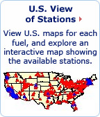 U.S. View of Stations: View U.S. maps for each fuel, and explore an interactive map showing the available stations. Photo of a U.S. map with various points marking alternative fuel stations.