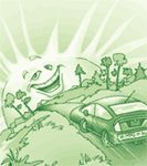 An animated sun smiling; a car driving towards the sun.