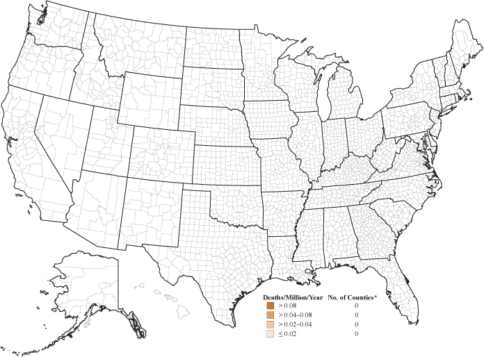 Byssinosis: Age-adjusted death rates by county, U.S. residents age 15 and over, 1995–2004