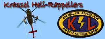 [photograph- header banner]  Helicopter flying overhead and the Krassel Heli-rappellers patch. 