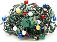 Photo of a tangled string of round LED holiday lights.