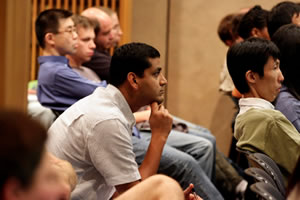 Postdoctoral fellow Raj Gosavi, Ph.D., followed the talk closely