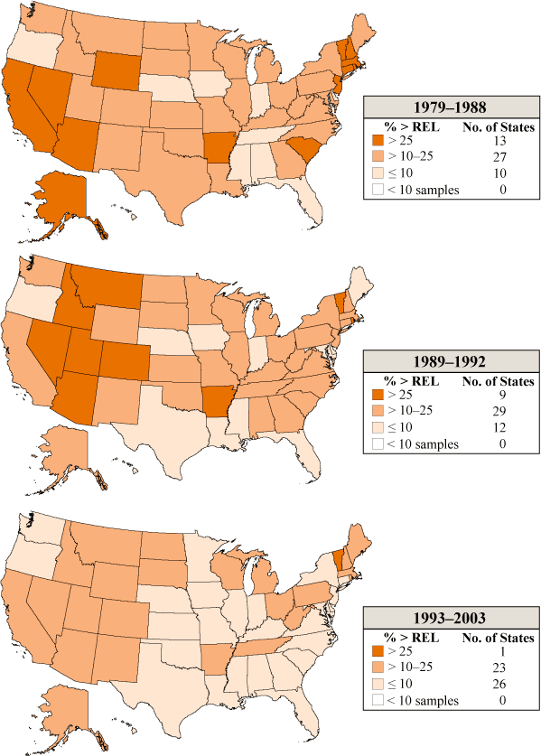 Pneumoconiotic agents: Percent of exposures exceeding the NIOSH recommended exposure limits by state, MSHA metal/nonmetal mine samples, 1979–2003