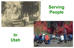 Black and white photo f children walking on trail and color photo of people sitting around fire ring.