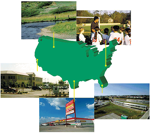 Map of the US showing the location and photos of five different reuse success stories.