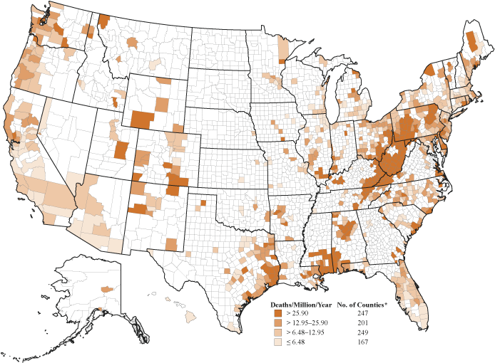 All pneumoconioses: Age-adjusted death rates by county, U.S. residents age 15 and over, 1995–2004