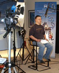 Geoff prepares for a Web cast as part of the annual National DNA Day celebration.