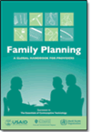 Cover image of the pocket guide, "Healthy Timing and Spacing of Pregnancies," with parents and their two children on the cover (click to view more information on the handbook).