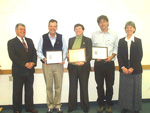 Flanked by Maine Rural Partners Board Chair Jeff Heron (also of Aroostook County Action Program) and Maine Rural Partners Executive Director Mary Ann Hayes, NRCS awardees are (from left) Resource Conservation and Development Coordinator Mark Hews, Threshold to Maine RC&D Office, Gray; State Conservationist Joyce Swartzendruber of the Bangor State Office and District Conservationist Ron Desrosiers of the Augusta NRCS Field Office (Magic City Morning Star photo)