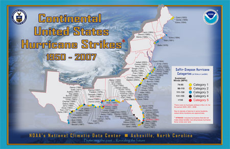 [Map of 1950-2007 U.S. Landfalling Hurricanes]