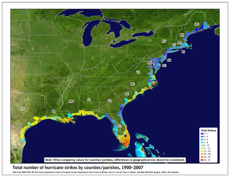 [Map of 1900-2007 Hurricane Strikes by U.S. counties/parishes]