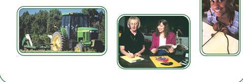 Pictures of farm machinery, an Extension Agent helping someone, and a child in 4-H.
