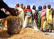 Photo of women standing in front of a grain 	merchant.