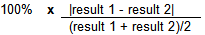 100% multiplied by the absolute value of the difference in results divided by the arithmetic mean of the results.  100% x (|result 1 - result 2|) / ((result 1 + result 2)/2).