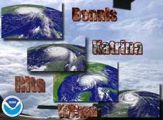 NOAA illustration of Hurricanes Dennis, Katrina, Rita and Wilma.