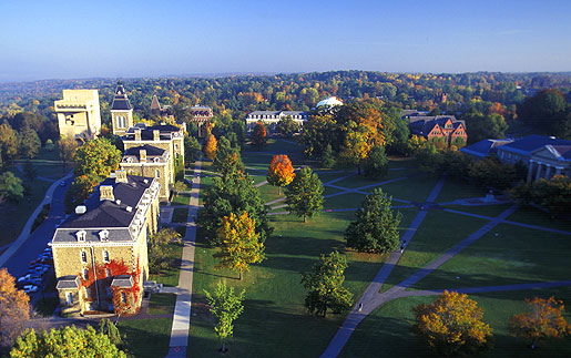 Aerial view of the Arts Quad in Fall