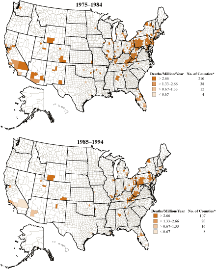 Unspecified and other pneumoconioses: Age-adjusted death rates by county, U.S. residents age 15 and over, 1975–1984 and 1985–1994