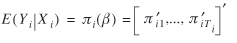 uppercase e (uppercase y subscript {lowercase i} | uppercase x subscript {lowercase i}) = lowercase pi subscript {lowercase i} (lowercase beta) = [lowercase pi prime subscript {lowercase i 1}, ..., lowercase pi prime subscript {lowercase i uppercase t subscript {lowercase i}}] prime