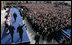 President George W. Bush and Prime Minister Ivo Sanader of Croatia are welcomed by thousands who flocked to St. Mark's Square in downtown Zagreb Saturday, April 5, 2008, to see and hear the U.S. President.