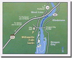 Graph Map of Willamette Falls Locks with adjacent cities listed. 