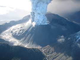 aerial view of erupting volcano