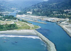 Aerial view of Chetco River and north jetty