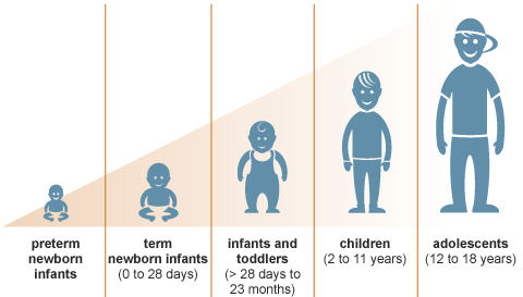 The Stages of Growth range from preterm newborn infants, to term infants (0-28 days), to infants and toddlers (more than 28 days to 23 months), to children 2 to 11 years, to adolescents 12 to 18 years.