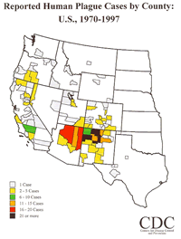 Reported cases of human plague, western U.S. map, 1970-97