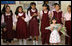 Students at Farouz Experimental School for Languages at Sharm El Sheikh await the arrival of Mrs. Laura Bush after per participation Sunday, May 18, 2008, at a Big Read Egypt/U.S. roundtable. Mrs. Bush was greeted with song and presented flowers before her departure.