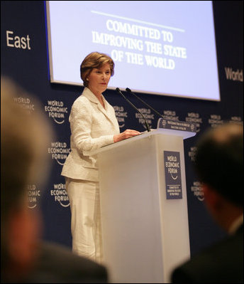 Mrs. Laura Bush speaks at the Egyptian Education Initiative meeting Sunday, May 18, 2008, at the World Economic Forum – International Congress Centre in Sharm El Sheikh, Egypt. Mrs. Bush told her audience, "Advances in technology and global communication are opening new markets and expanding opportunities for people around the world. The Egyptian Education Initiative recognizes that improved education is the key to taking advantage of these opportunities."