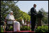 President George W. Bush delivers remarks Wednesday, April 16, 2008, during the arrival ceremony for Pope Benedict XVI on the South Lawn of the White House. Said the President, "Holy Father, thank you for making this journey to America. Our nation welcomes you. We appreciate the example you set for the world, and we ask that you always keep us in your prayers."