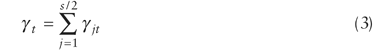 lowercase gamma subscript {lowercase t} equals the summation from lowercase j equals 1 to lowercase s divided by 2 (lowercase gamma subscript {lowercase j t}