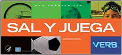 Sal y Juega poster, version 3. Images are of sports equipment and exercising kids.