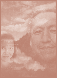Faces of an American Indian man and woman superimposed over a lake and sky