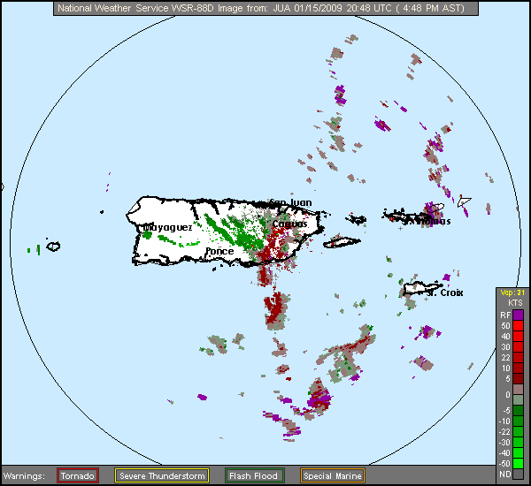 Click for latest Storm Relative Motion radar loop from the Puerto Rico/Virgin Islands radar and current weather warnings