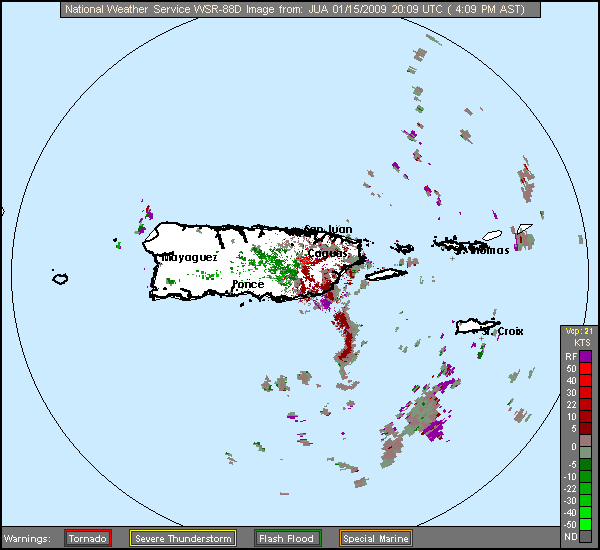 Click for latest Storm Relative Motion radar image from the Puerto Rico/Virgin Islands radar and current weather warnings
