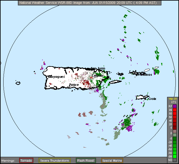 Click for latest Base Velocity radar image from the Puerto Rico/Virgin Islands radar and current weather warnings