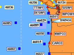 This image map shows the locations of buoys along the Pacific Northwest coast.