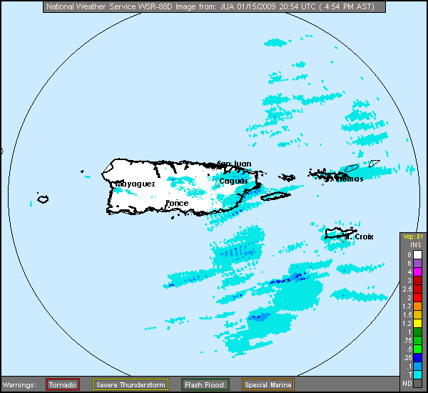 Click for latest One Hour Precipitation radar loop from the Puerto Rico/Virgin Islands radar and current weather warnings