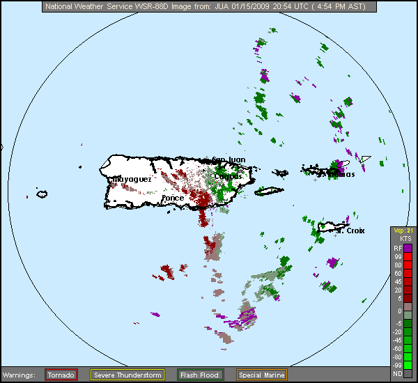 Click for latest Base Velocity radar loop from the Puerto Rico/Virgin Islands radar and current weather warnings