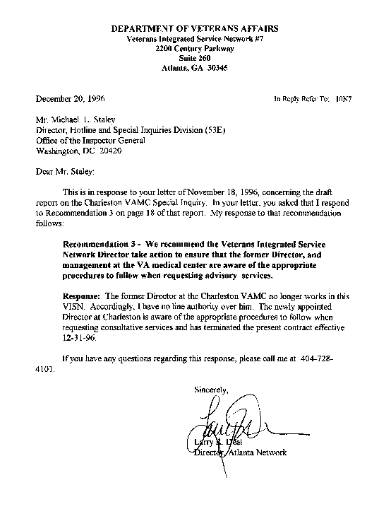 Director, Veterans Integrated Service Network No. 7 Comments:  Page 1 of 1></P>
<HR ALIGN=center SIZE=10>
<P ALIGN=